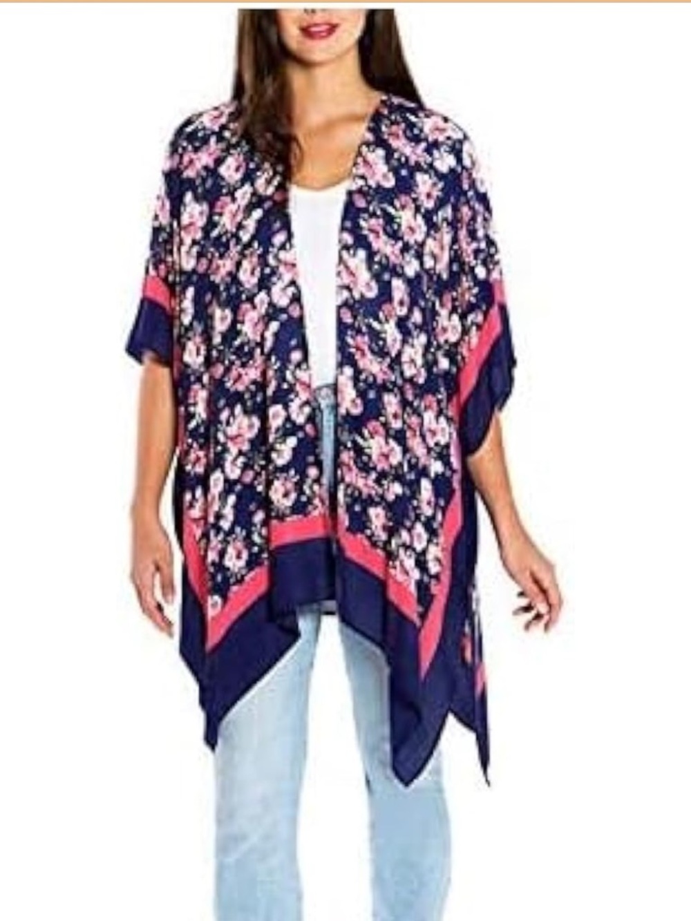 Floral Navy and Pink Open-Front lightweight Kimono